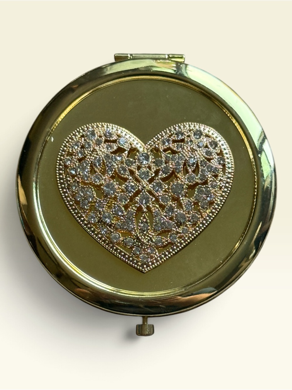 Monet Vintage Gold Tone Rhinestone Crystal Heart Compact Mirror Dual Pocket